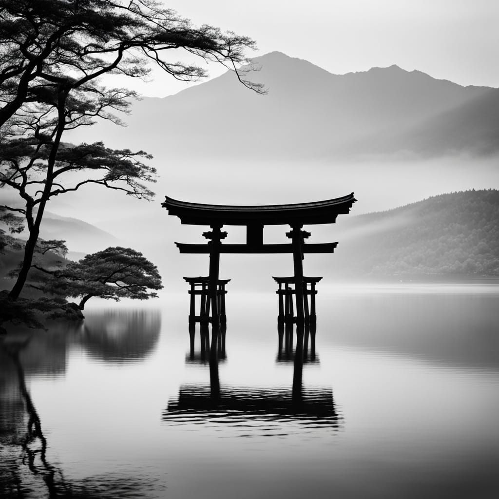 Serene Japanese Torii Gate in Calm Water