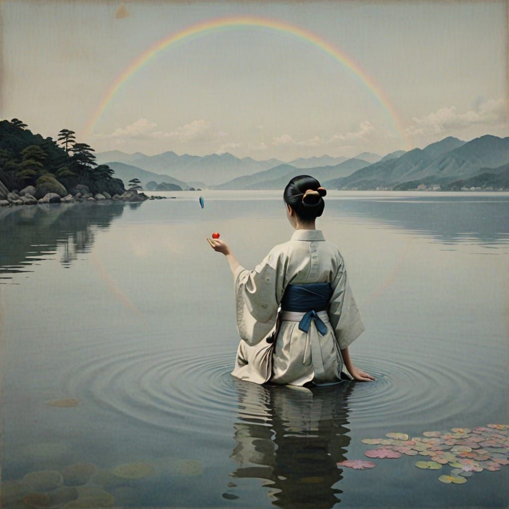Serene Japanese Woman Touches a Rainbow Drop on the Water