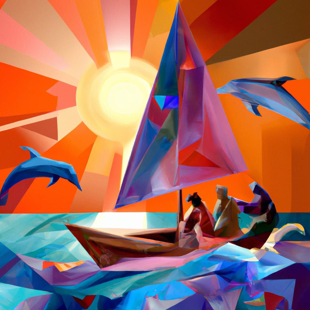 Cubist Dolphins Delight Cuban Family: Geometric Fauvism Art