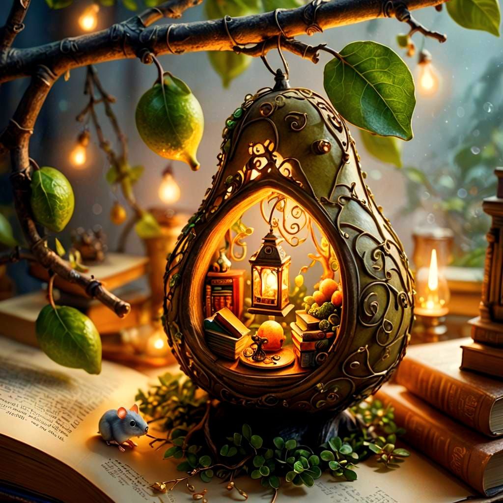 Miniature World Inside Pear, Hyperrealistic Fantasy