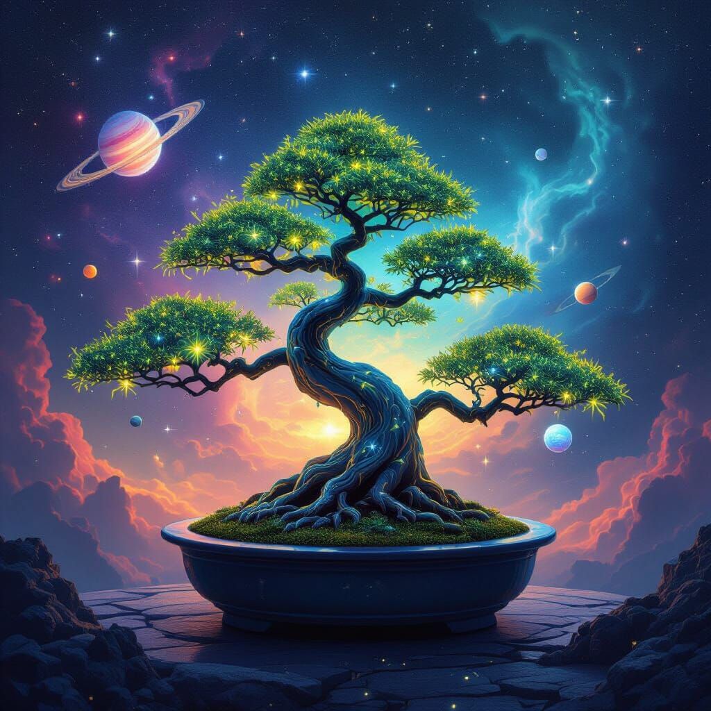 Bioluminescent Bonsai Garden in Space, Art Nouveau Style