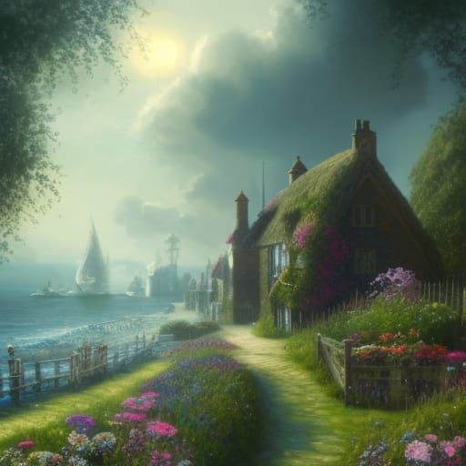Victorian Seaside Village with Flower Cottage-Garden