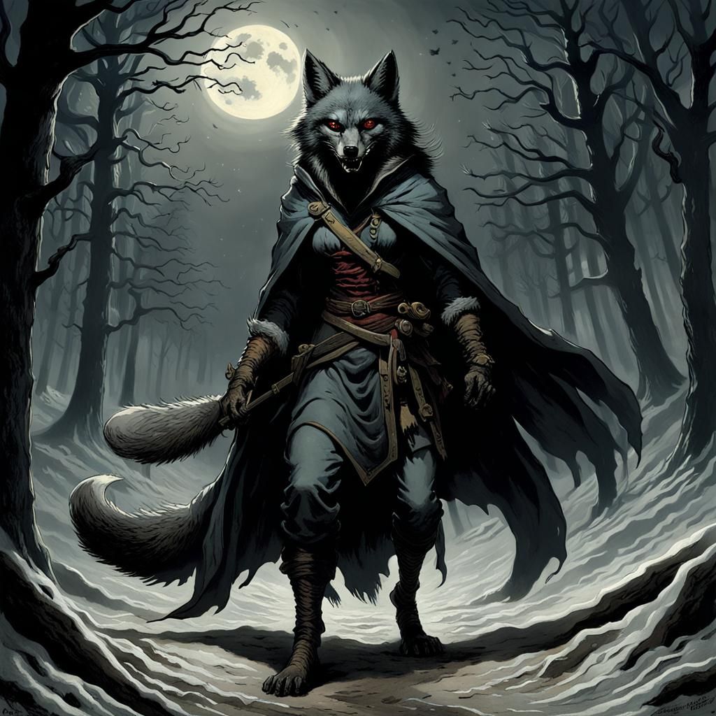 Dark Female Werefox in Engraving Style