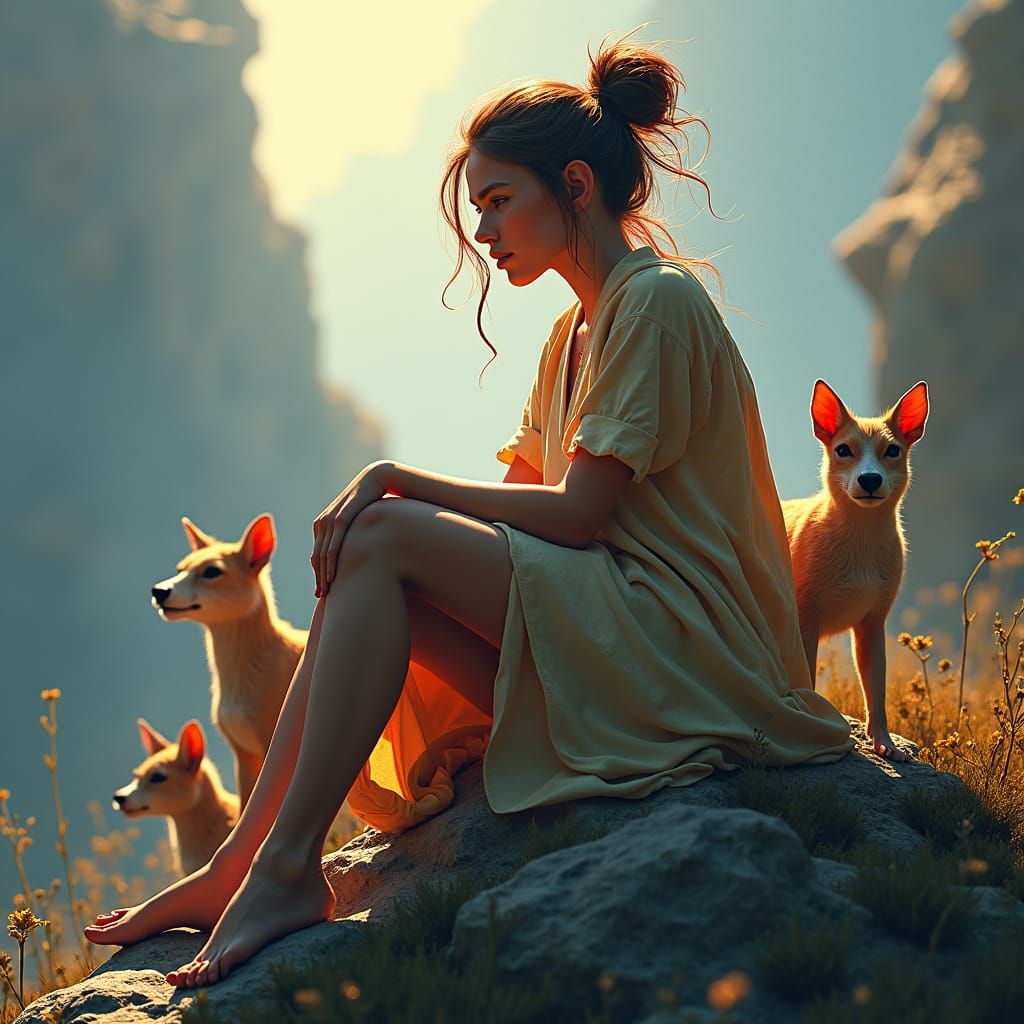 Girl Surrounded by Animals: Hyperdetailed Portrait