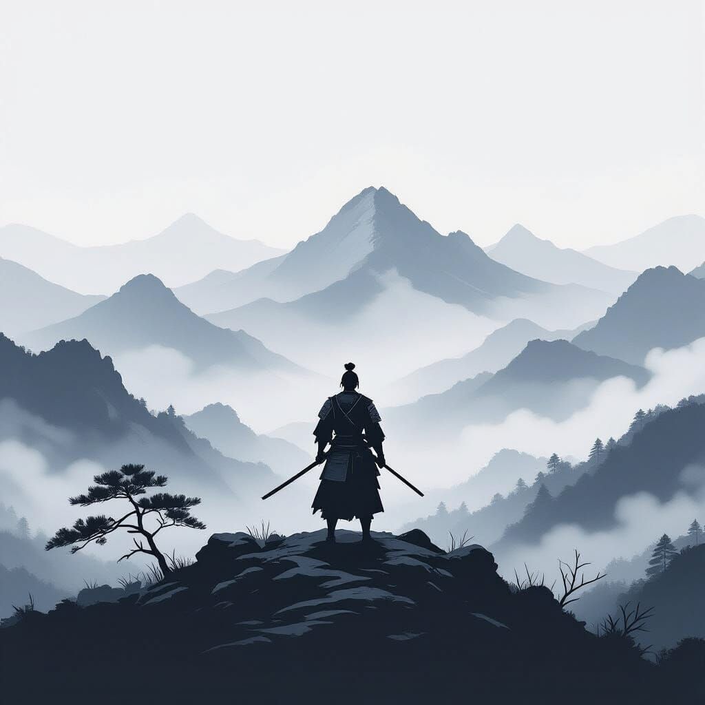 Samurai on Mountaintop in Sumi-e Style