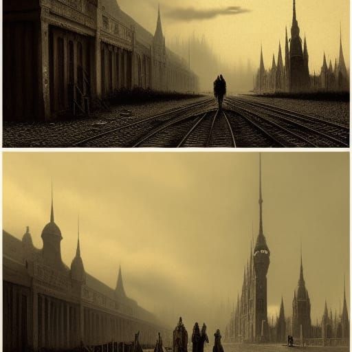 Photorealistic Train Leaving Town in Doré Style