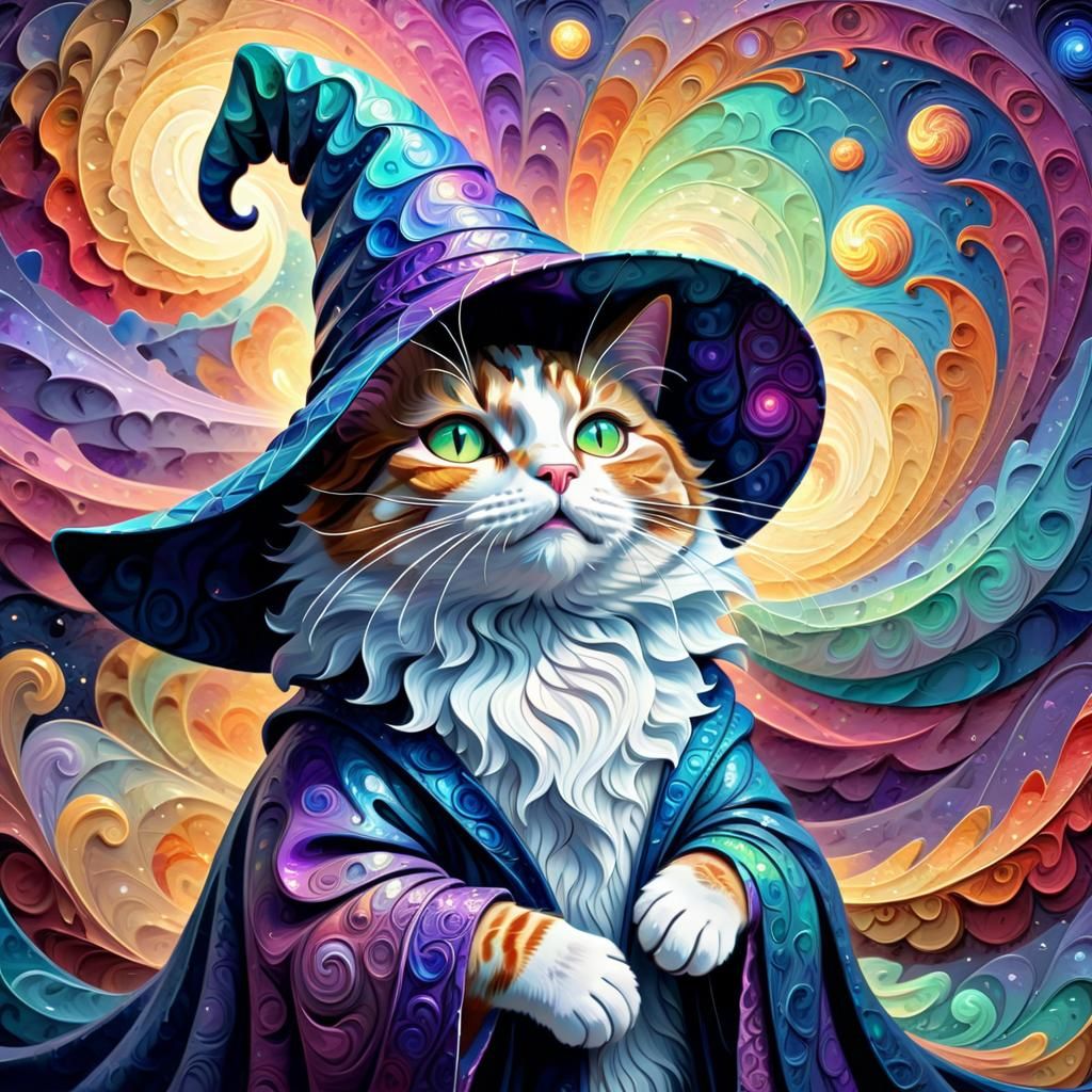 Wizard Cat in Post-Impressionist Impasto Style