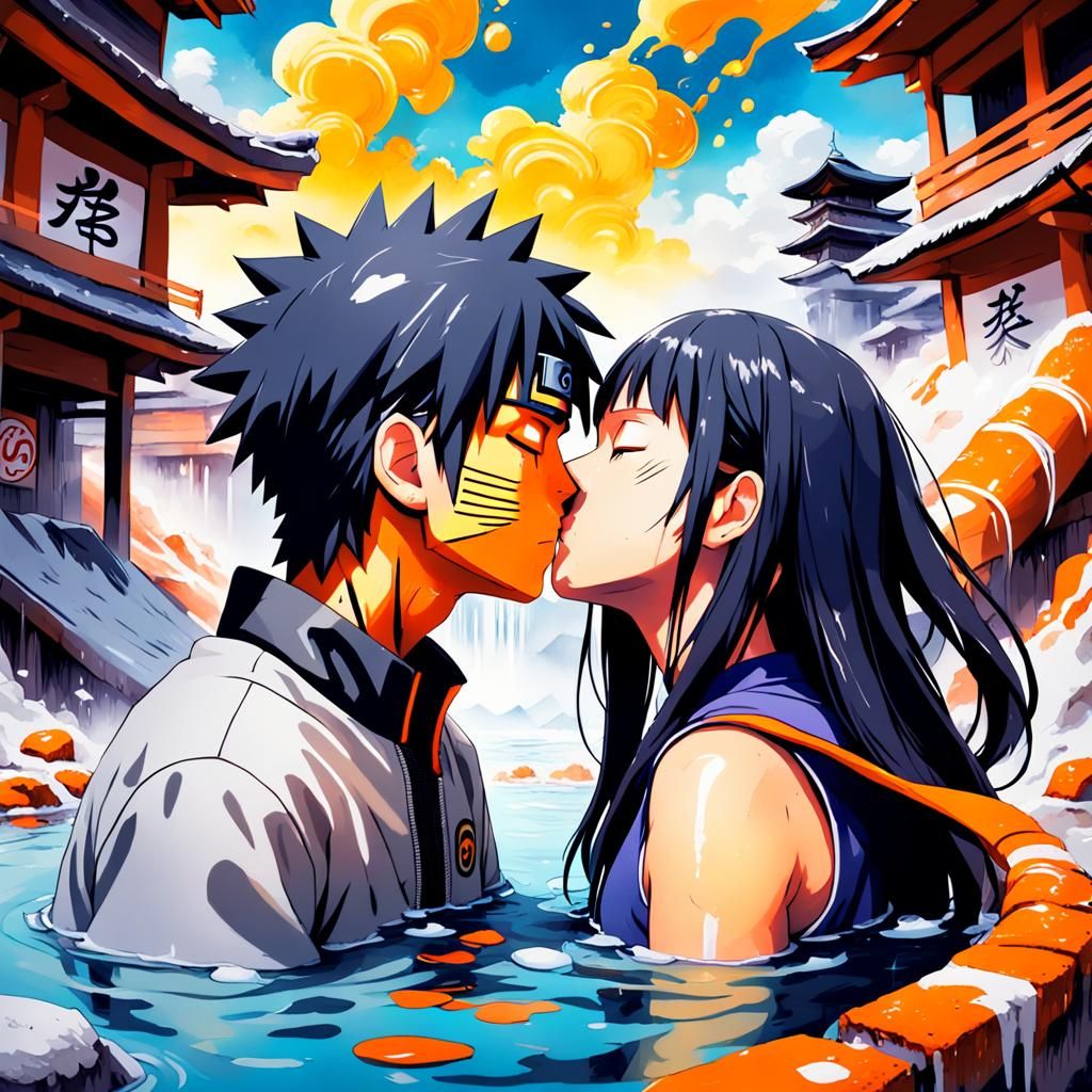 Naruto and Hinata Kissing in Hot Spring