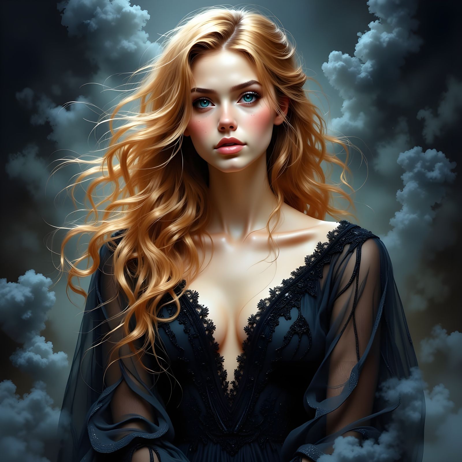 Norse Goddess with Long Blonde Hair and Sad Blue Eyes