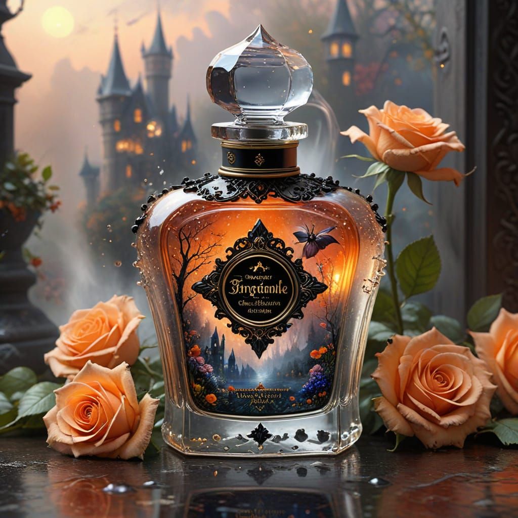 Gothic Perfume Bottle with Orange Petals and Splashing Water