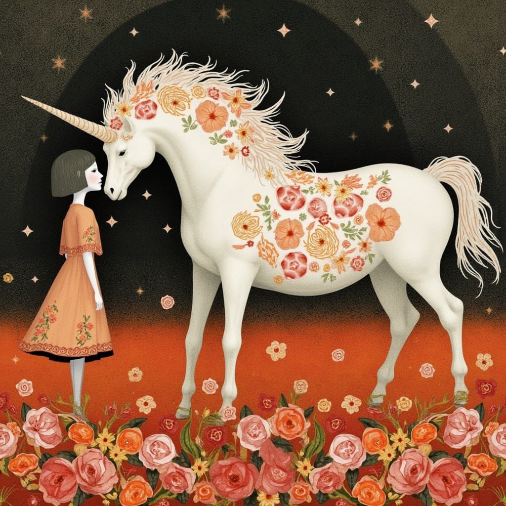 Girl and Unicorn in Floral Folk Art Style
