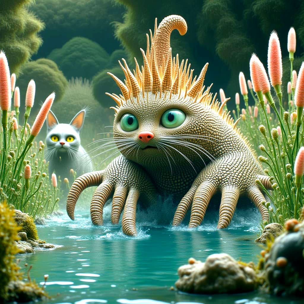 Cat and Lizard Race Through Water with Extra Fingers