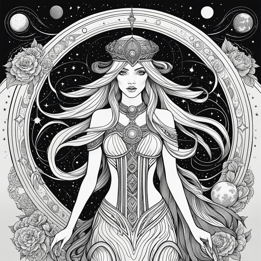Cosmic Witch Line Art with Magic Space Background