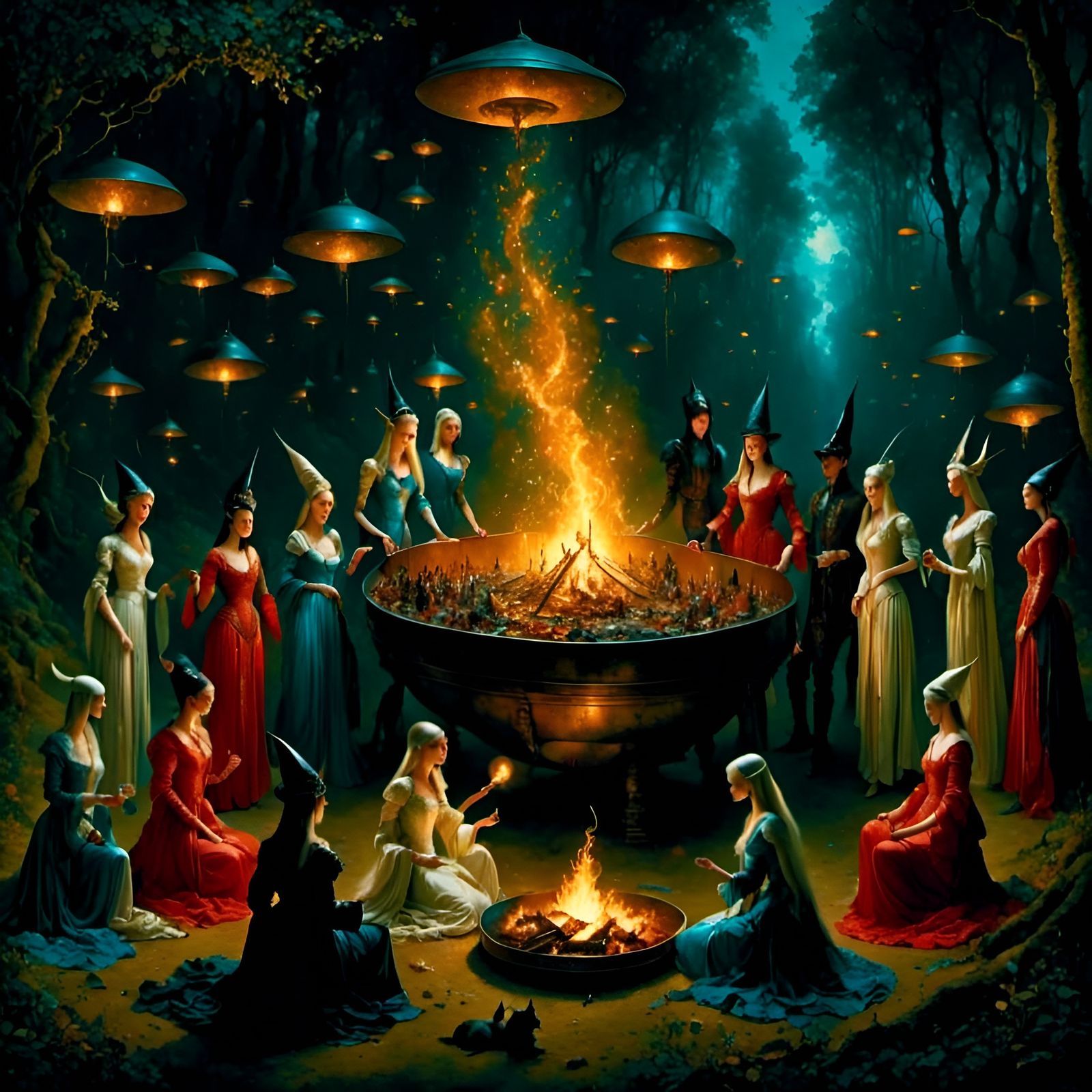Witches Dance Under UFOs in Dark Fantasy Style