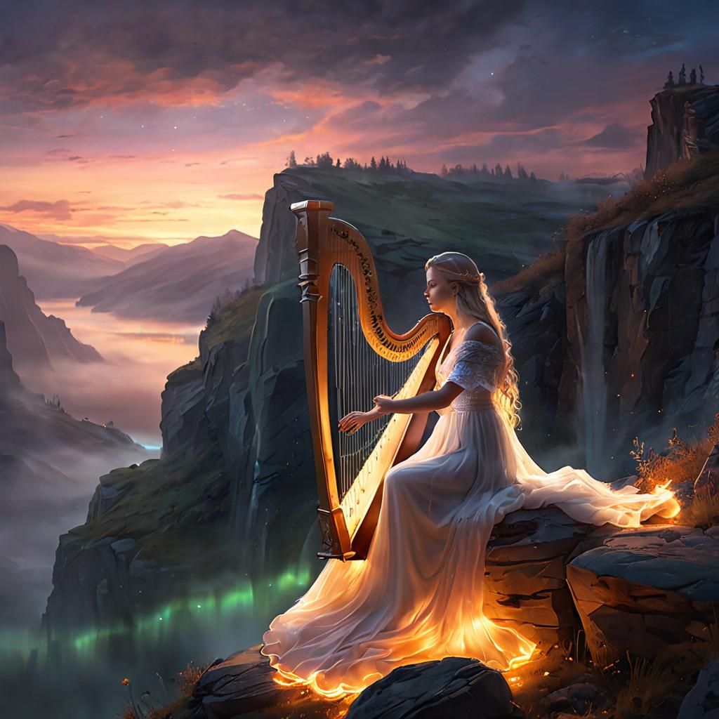 Ethereal Harpist at Dusk: Magical Realism Concept Art