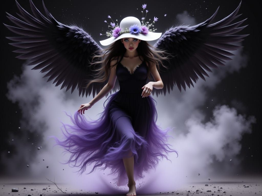 Dark Angel Leaping Forward in Mist