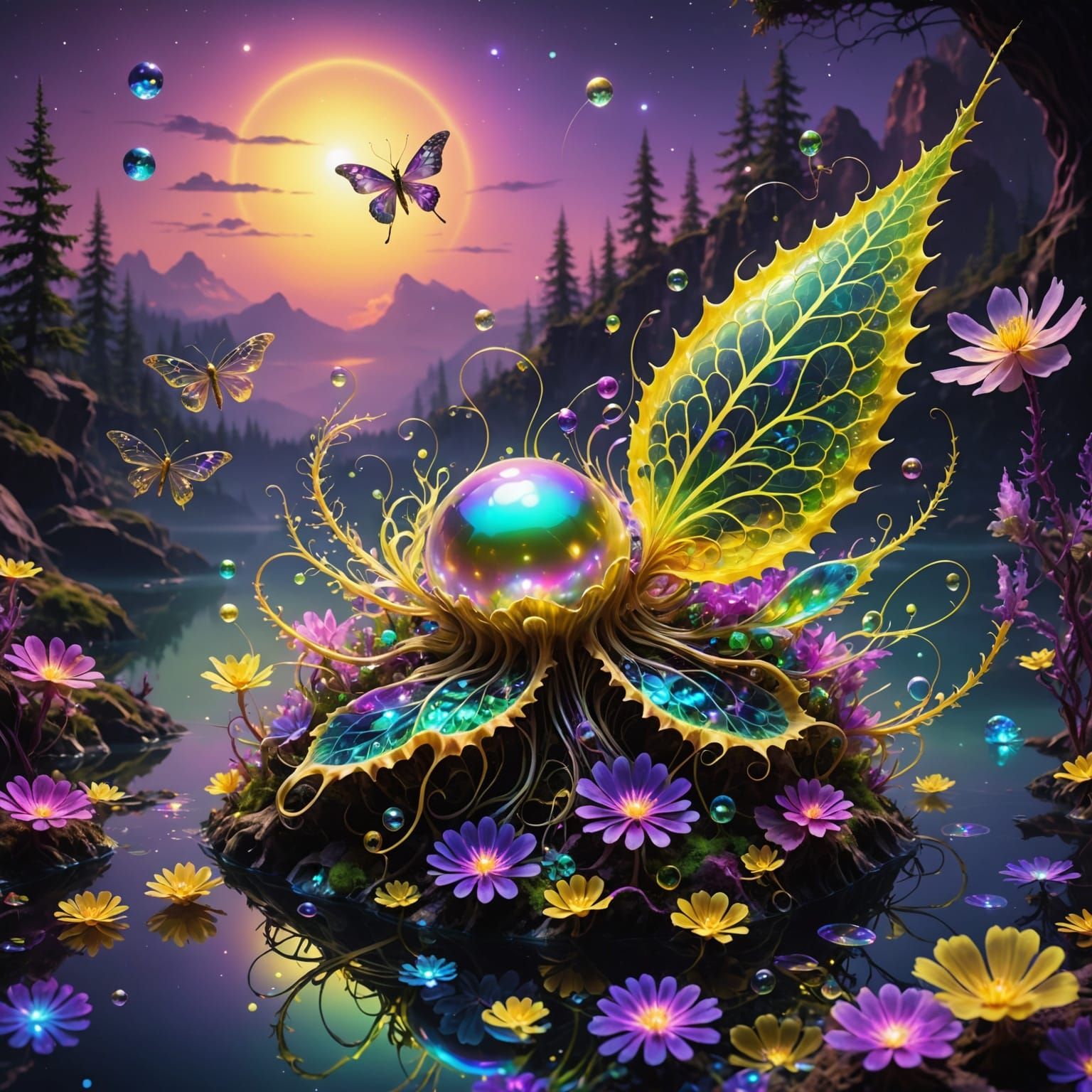 Ethereal Fractal Creature Soars Amidst Vibrant Sunset