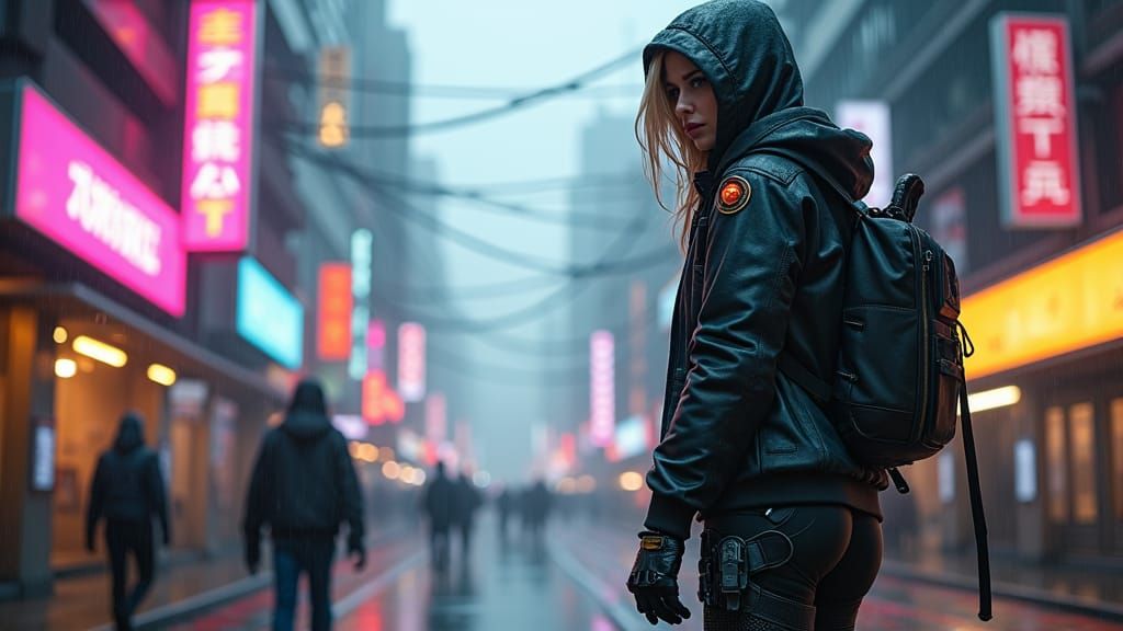 Cyberpunk Woman in Rainy Futuristic Cityscape