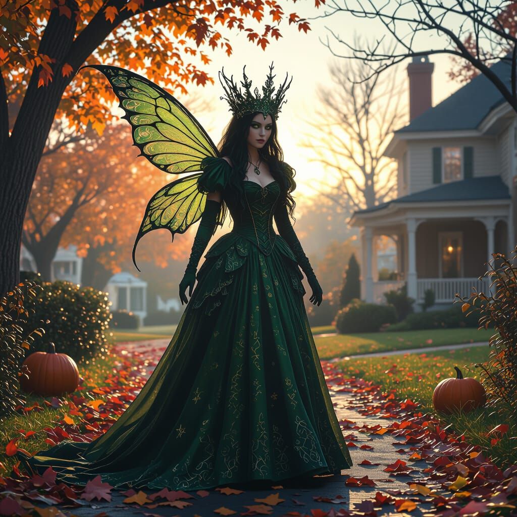 Faerie Queen Late for Halloween Party in Suburbs
