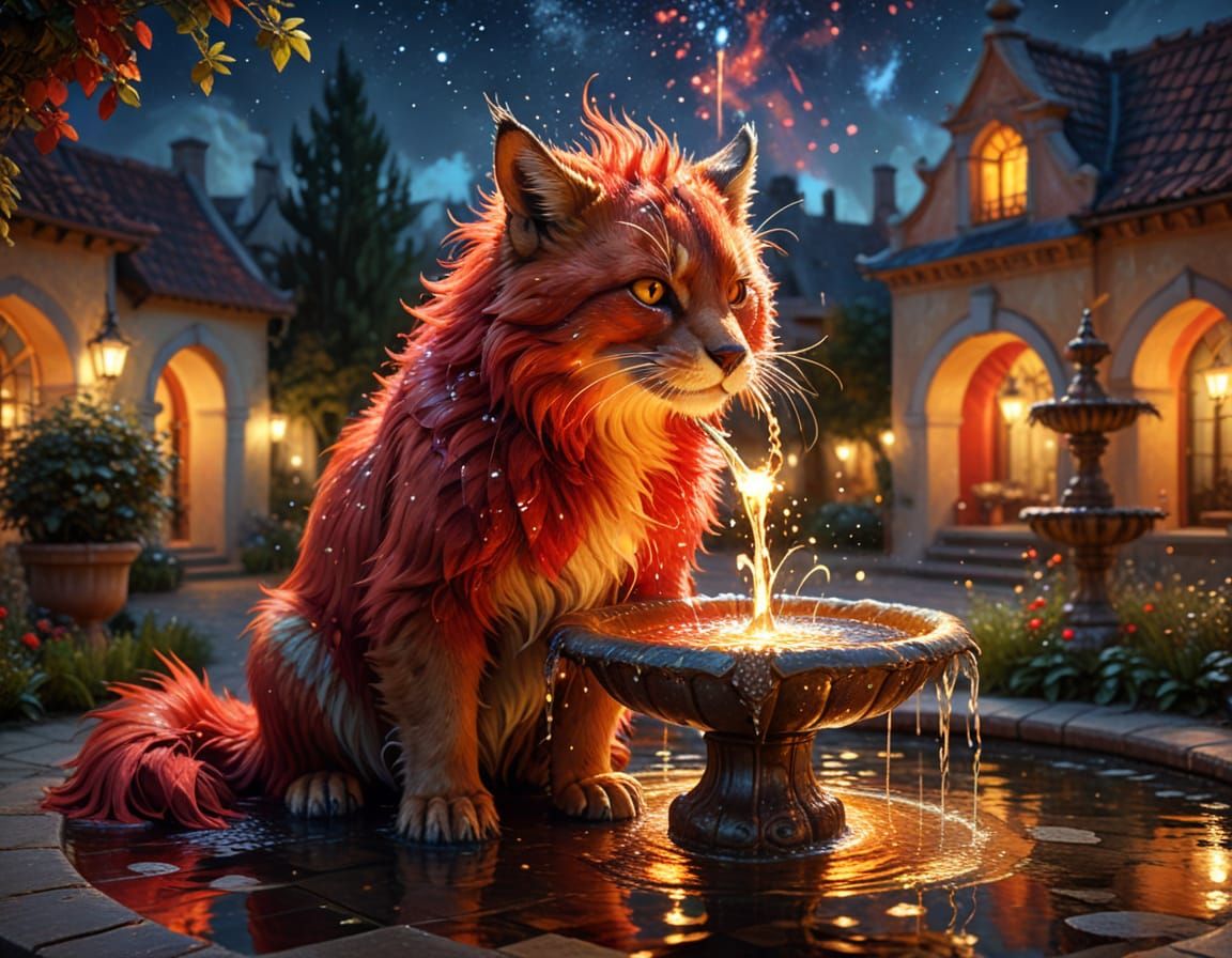 Fire Creature Drinks from Fountain as Oil Painting