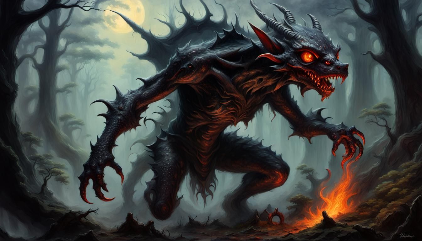 Scary Demon Kobold with Hellfire in Oil Painting