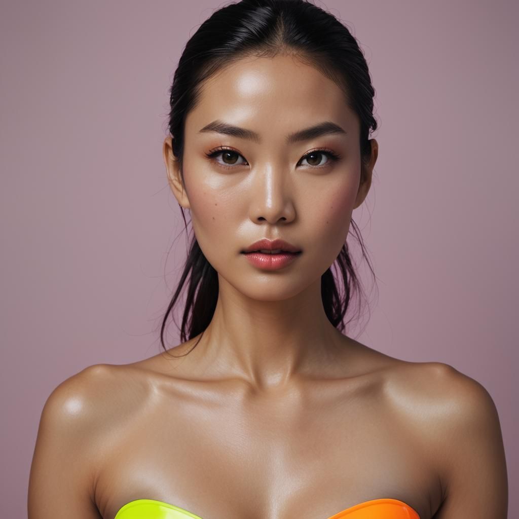 Asian Model in Neon Latex Bikini, Professional Studio Portra...