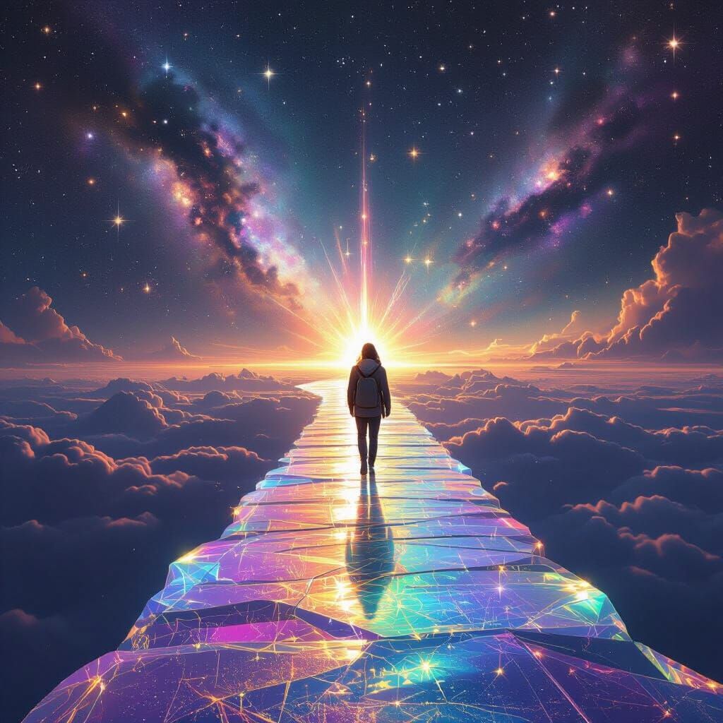 Iridescent Figure on Rainbow Path Through Space