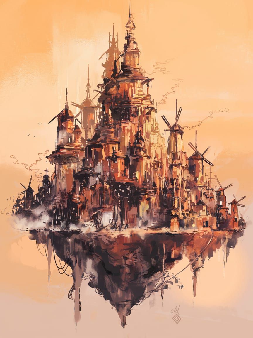 Surreal Island Metropolis Floats in Golden Haze