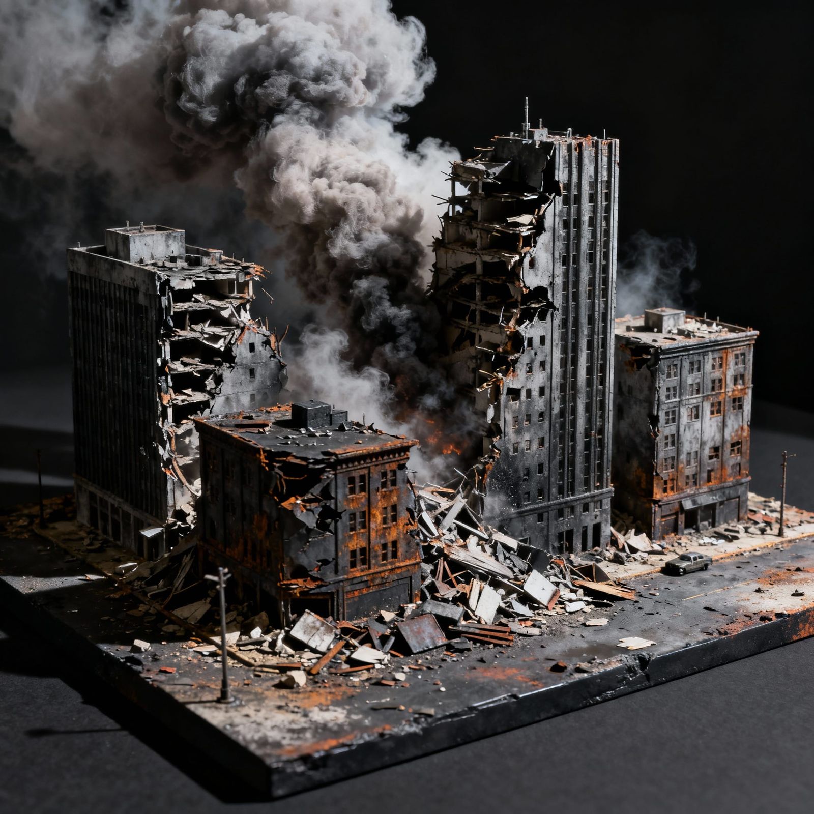 Cityscape Miniature in Demolition with Practical Effects