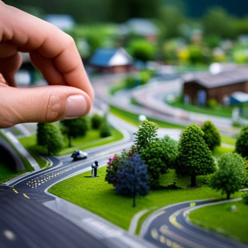 Miniature Country City with Oversized Person, Photorealistic