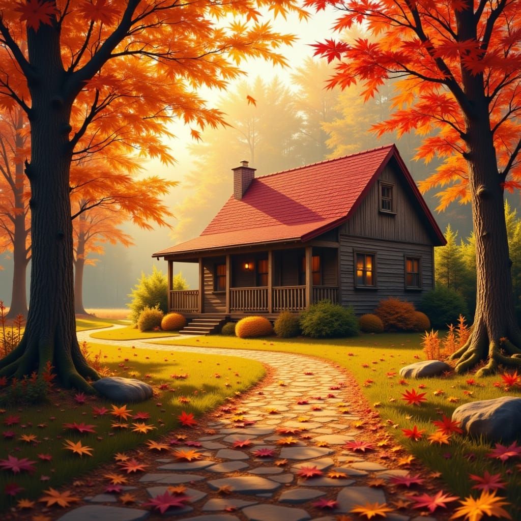Cozy Autumn Cottage with Red Roof in Golden Sunlight