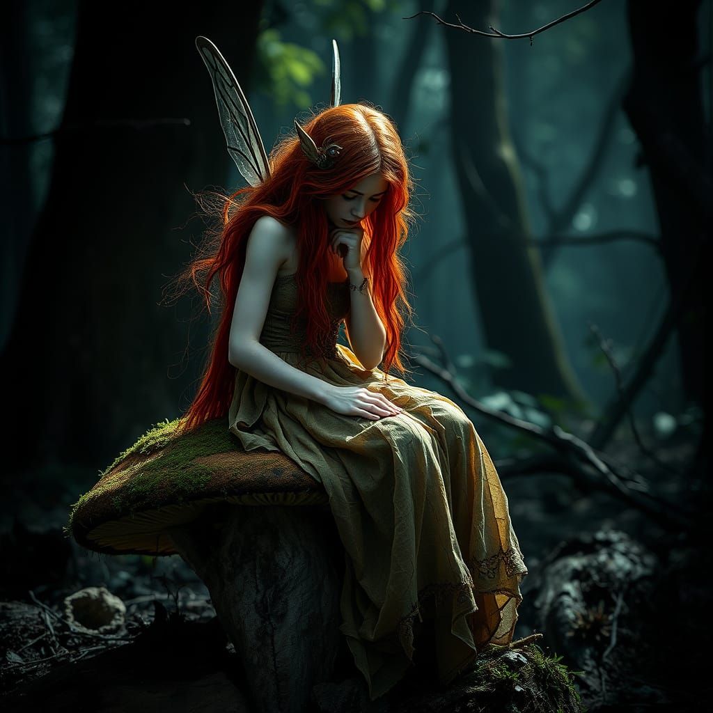 Pensive Fairy in Enchanted Forest, Hyperrealistic Style