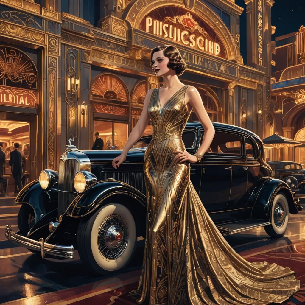 Art Deco Woman Posing with Vintage Car at Night