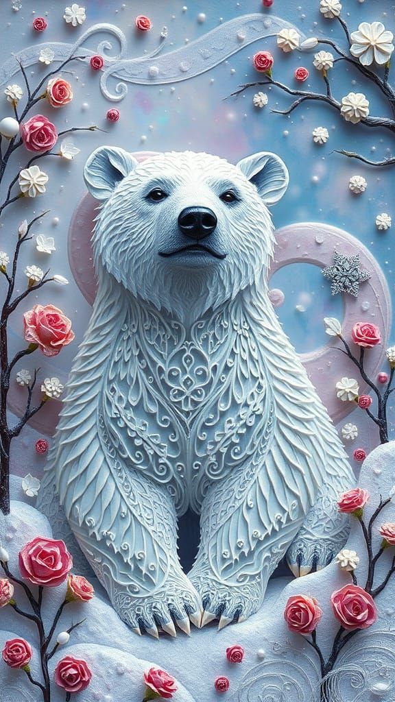 Surreal Snow White Bear in Whimsical Quilling and Diamond Du...