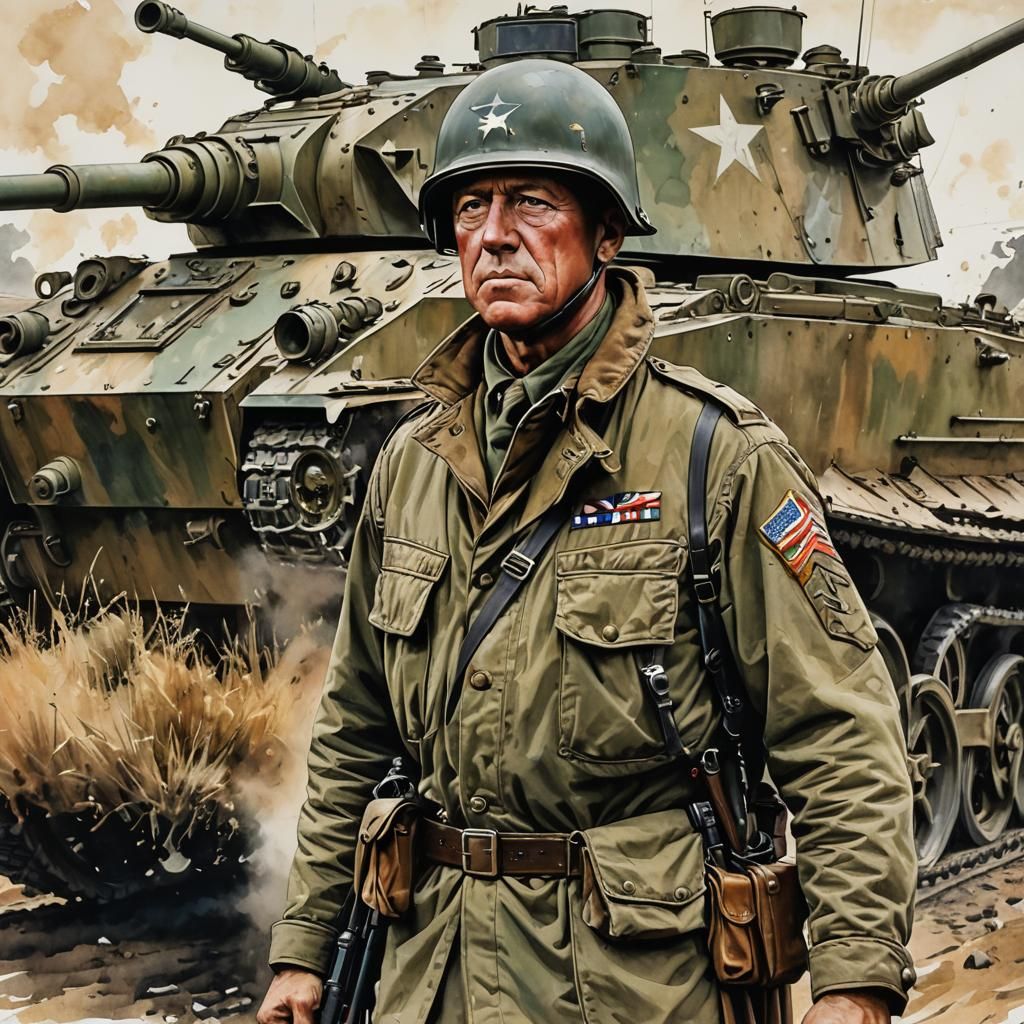 General Patton Portrait in Ink and Watercolor Style
