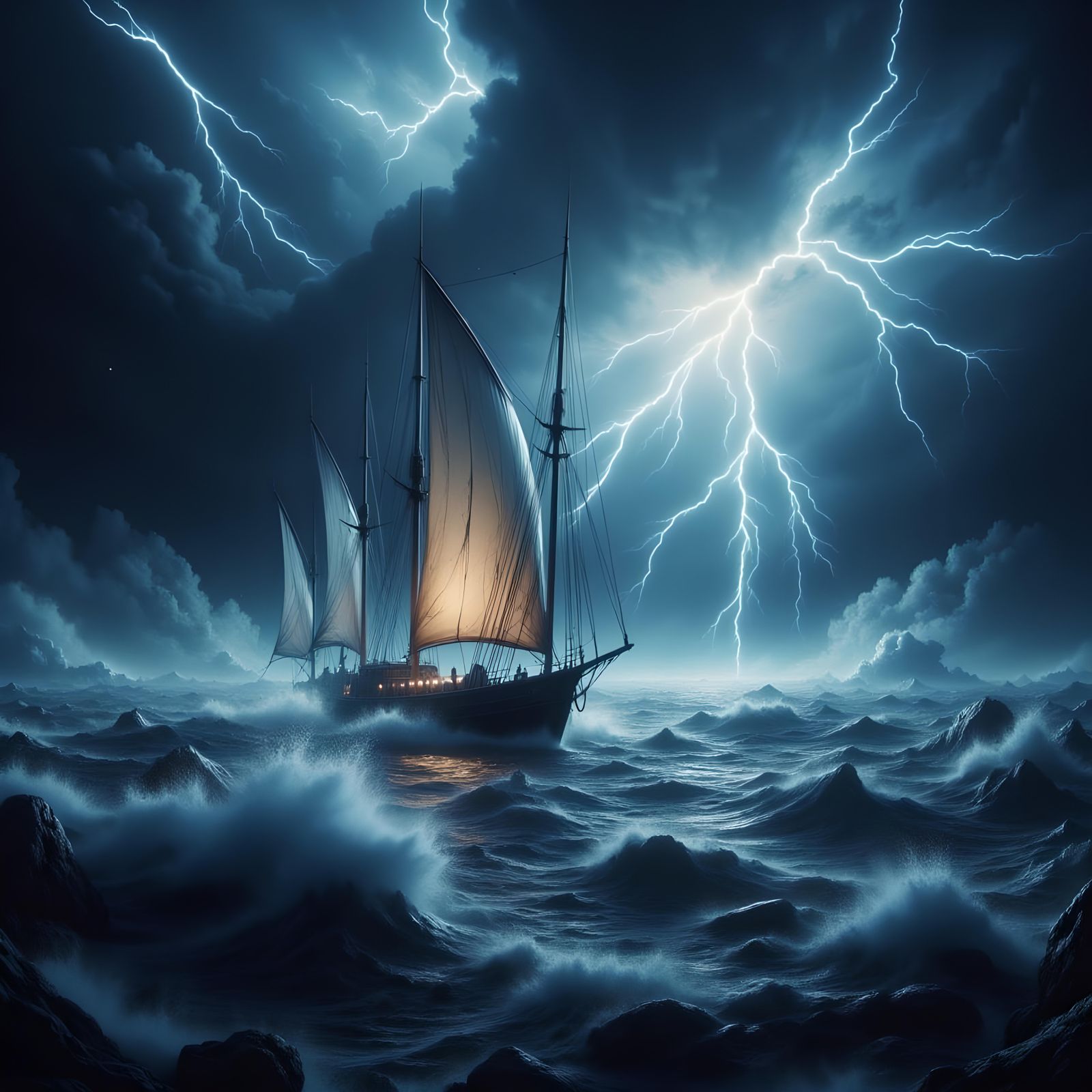 Sailboat in Perilous Lightning Storm at Sea