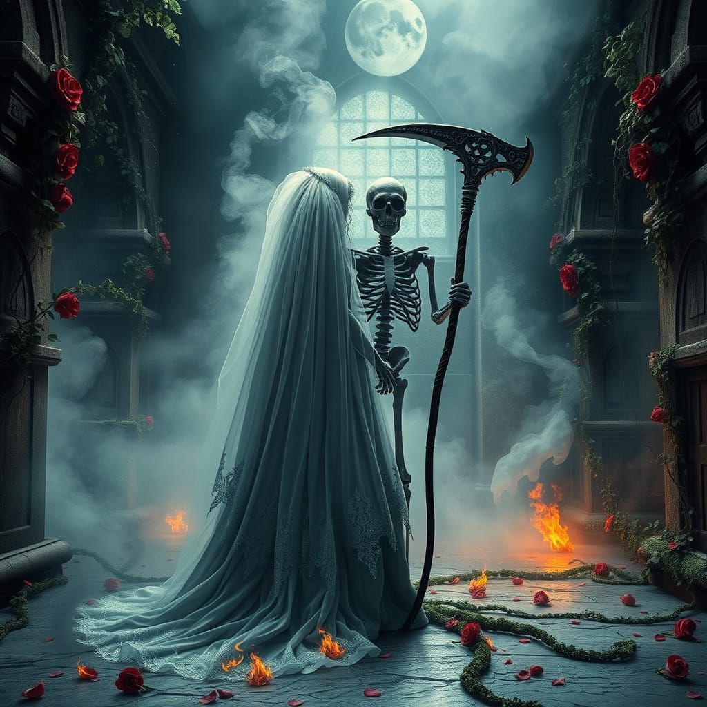 The Ashen Bride in a Ruined Gothic Chapel