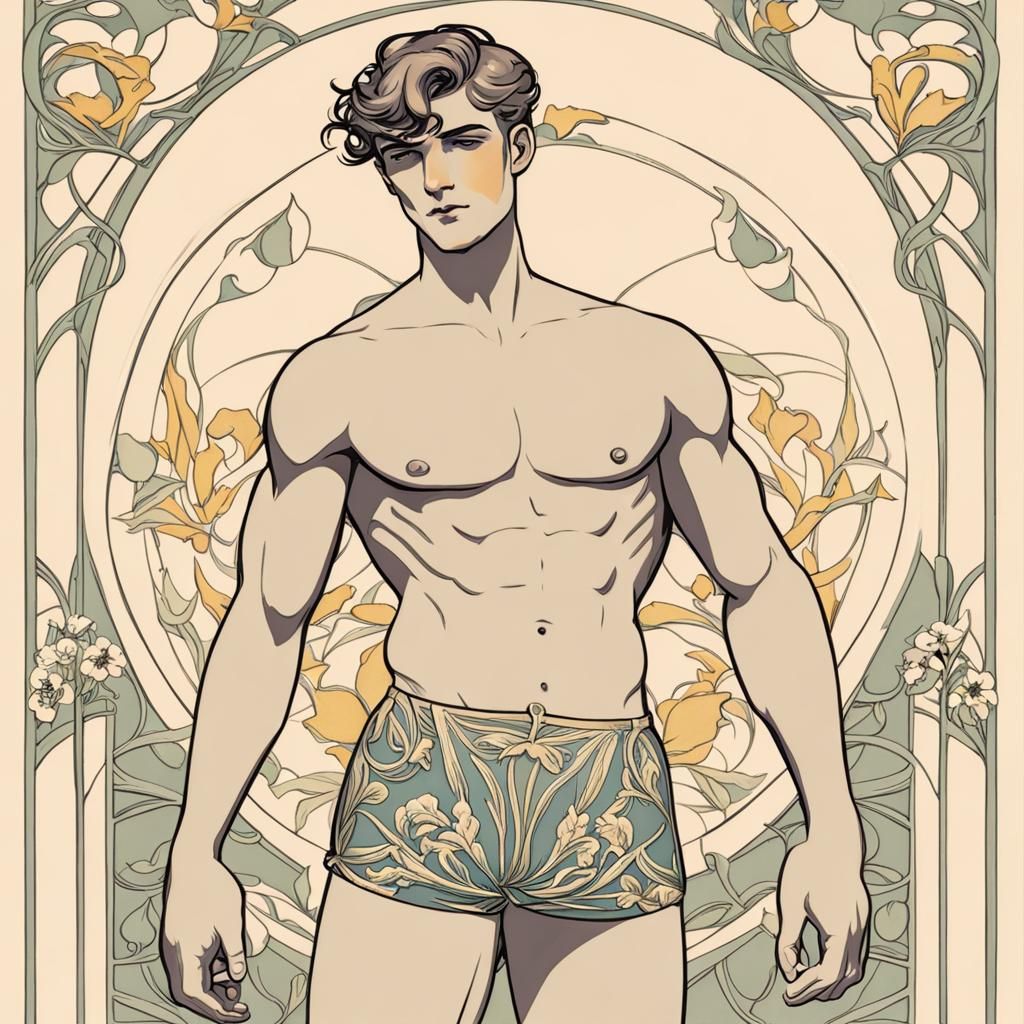 Art Nouveau Style Image of Shirtless Boy