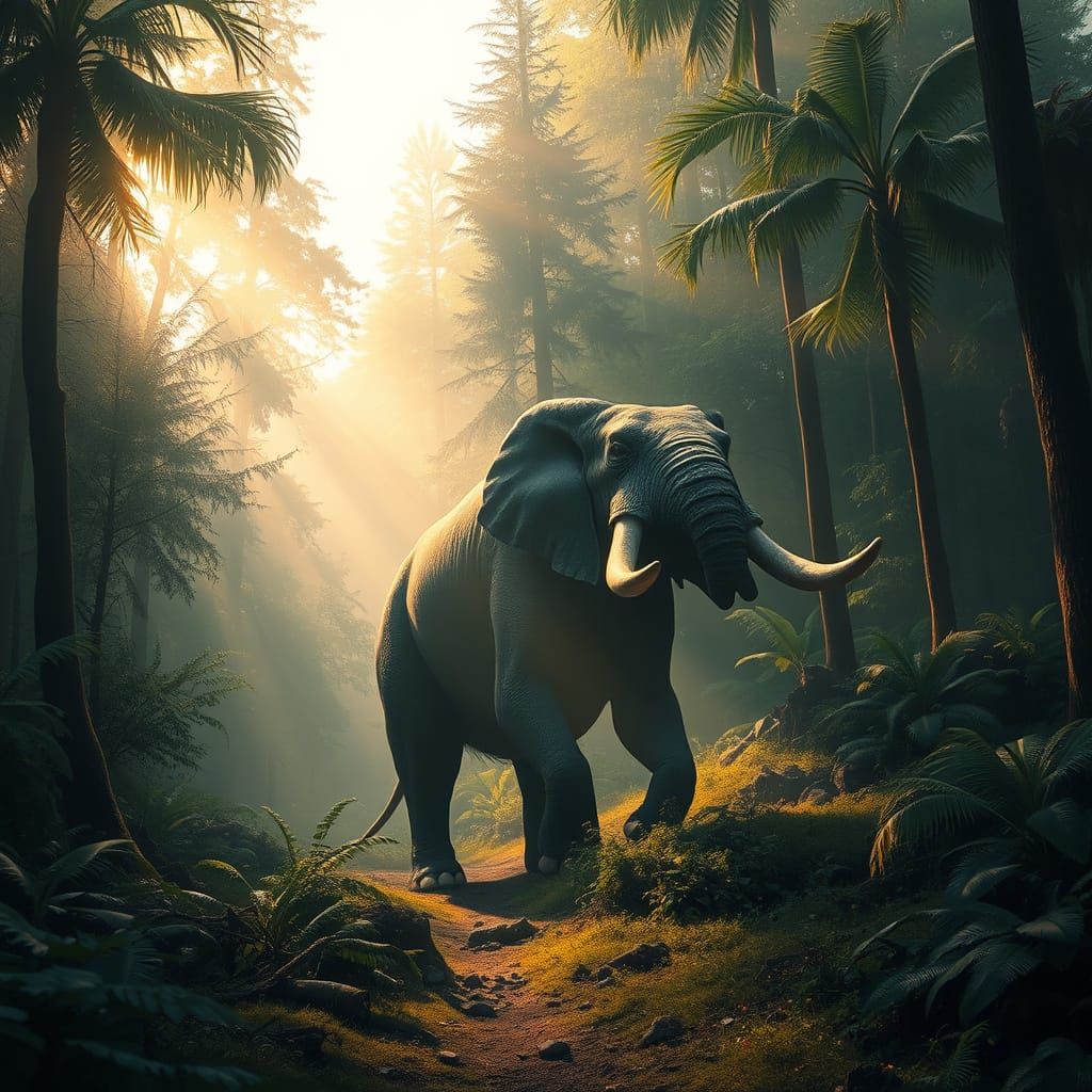 Dinotherium Roaming Ancient Forest, Painterly Style