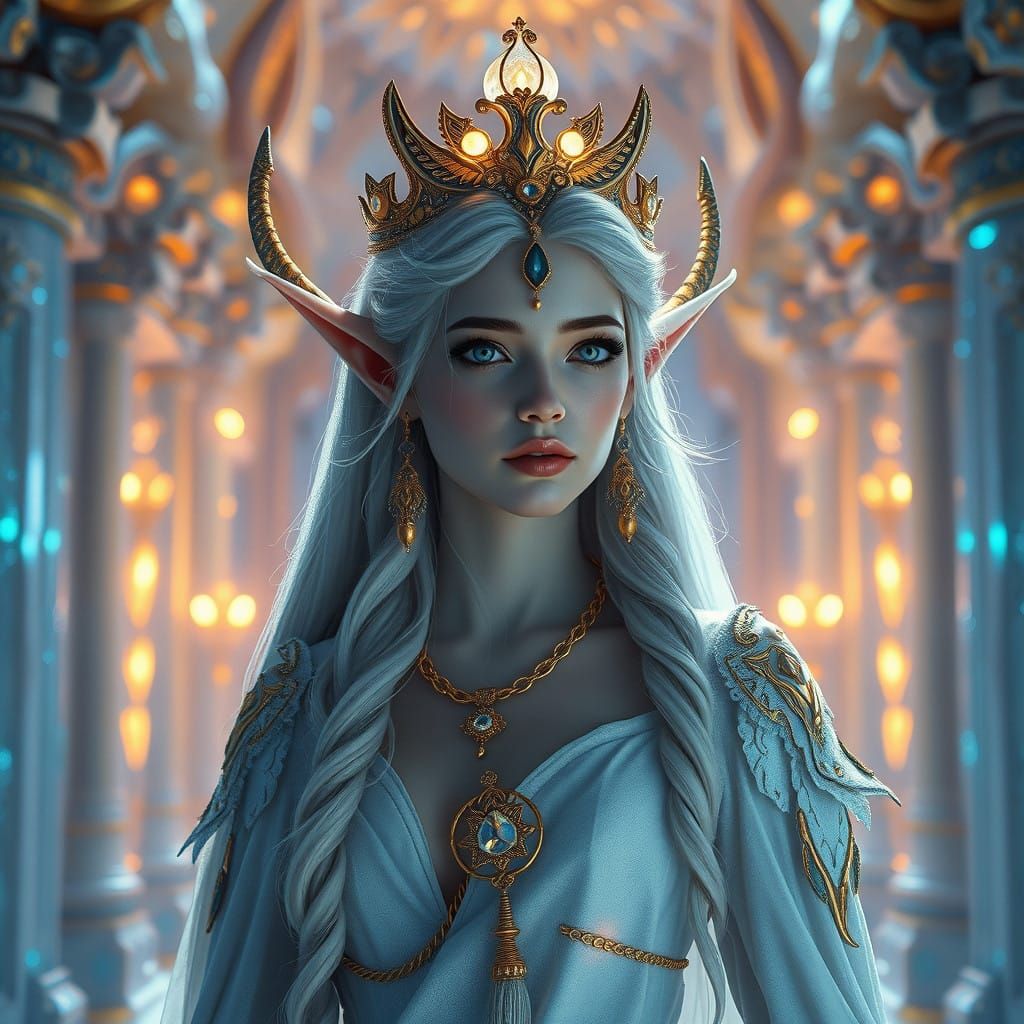 Regal Elfe Maiden in Crystal Palace with Vibrant, High-Contr...