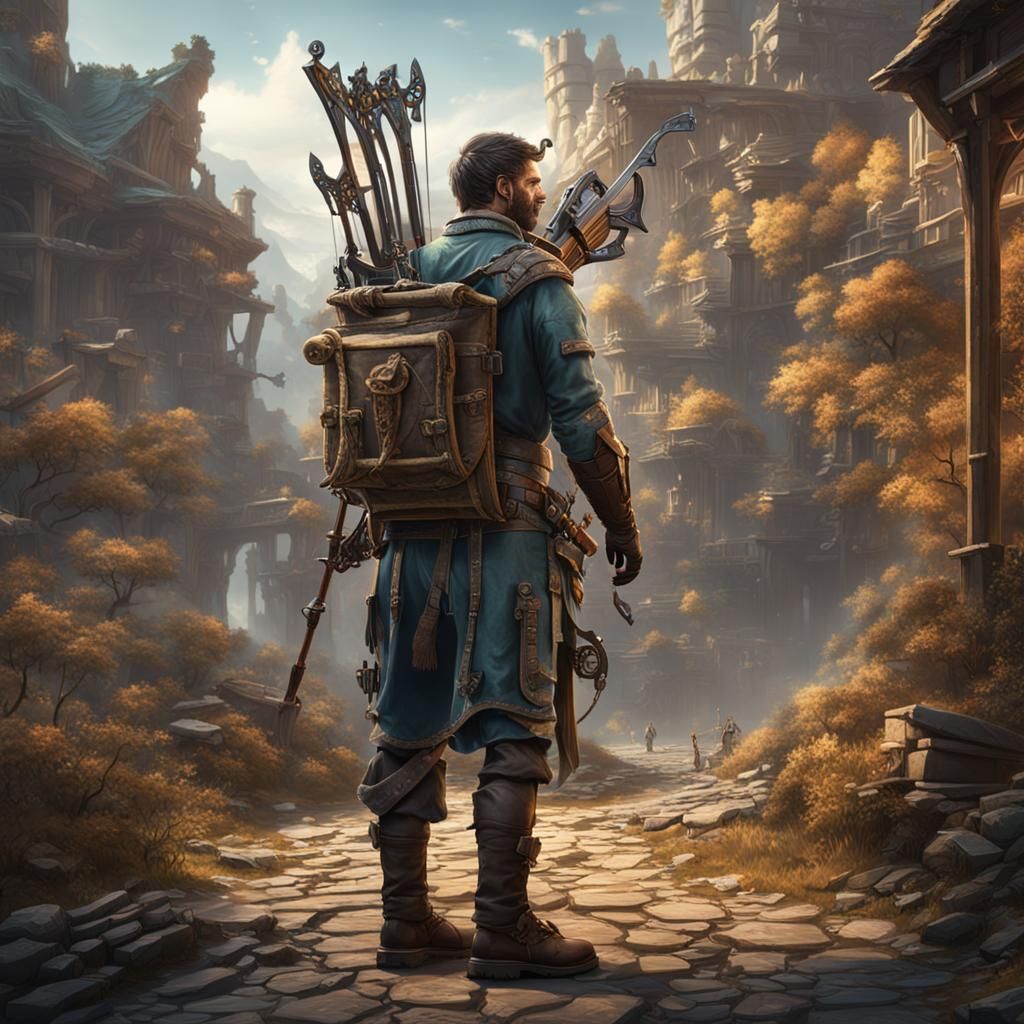 Inventor with Giant Crossbow: Detailed Fantasy Art