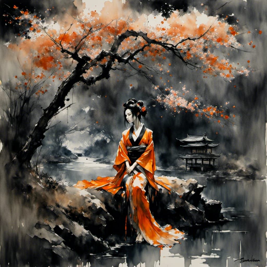 Samurai Geisha Under Sakura Tree, Luis Royo Style