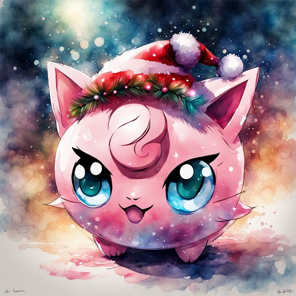 jigglypuff pokemon, Christmas hat, watercolor, splash art effect, Magical luminescent sparkles in the air, Digital Styli...