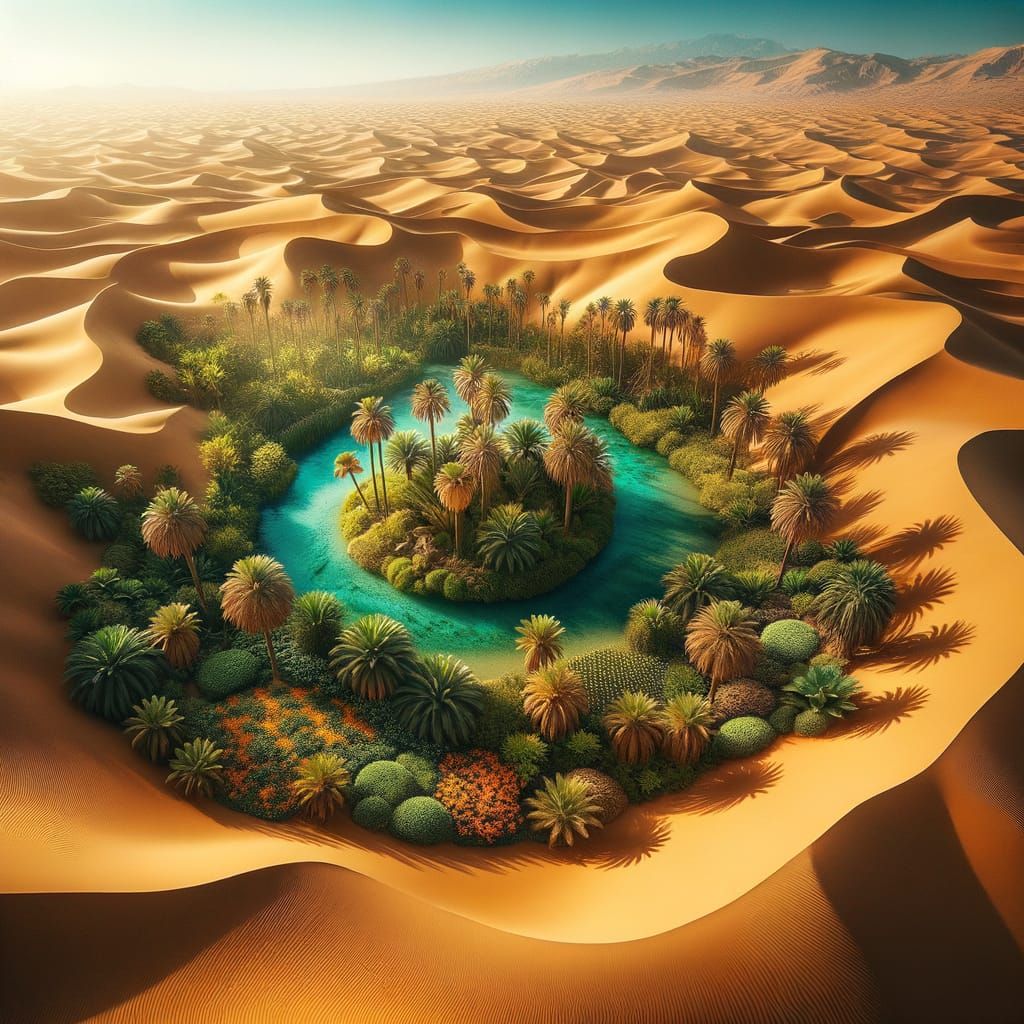Lush Oasis Emerges in Vast Golden Desert