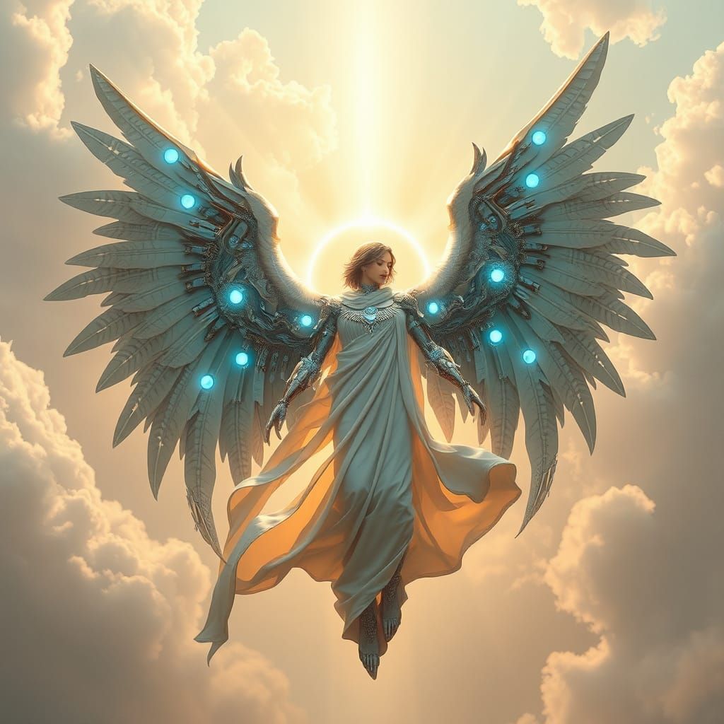 Cyborg Angel Descending: Futuristic Art Nouveau Style
