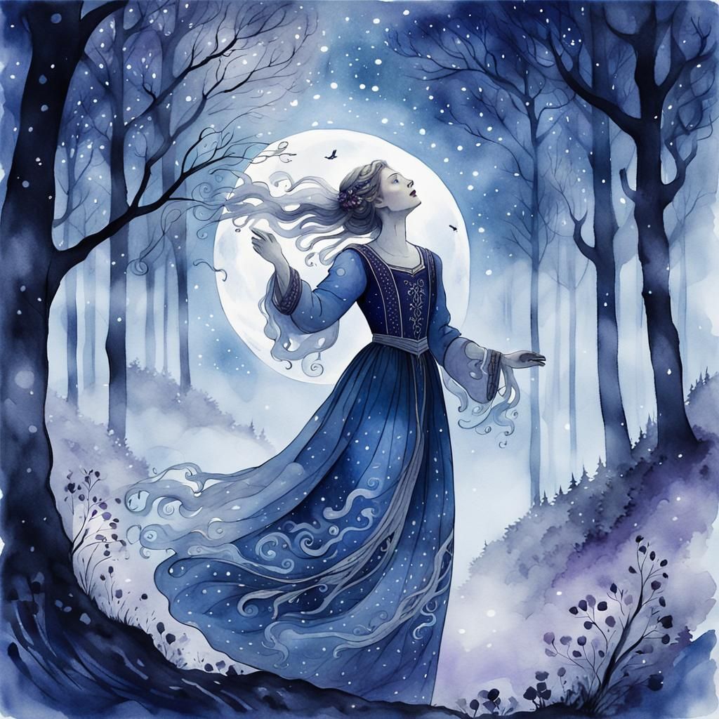 Nordic Woman Singing in Misty Forest: Watercolor Style