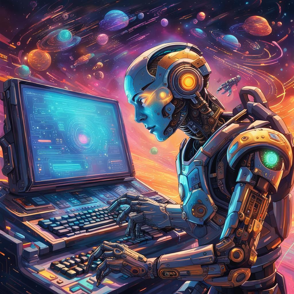 Astral Cyborg at Console: Mixed Media Illustration