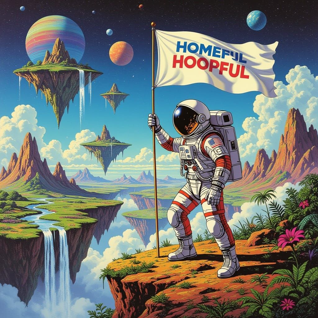 Astronaut Unveils Futuristic Banner on a Dreamlike Alien Wor...