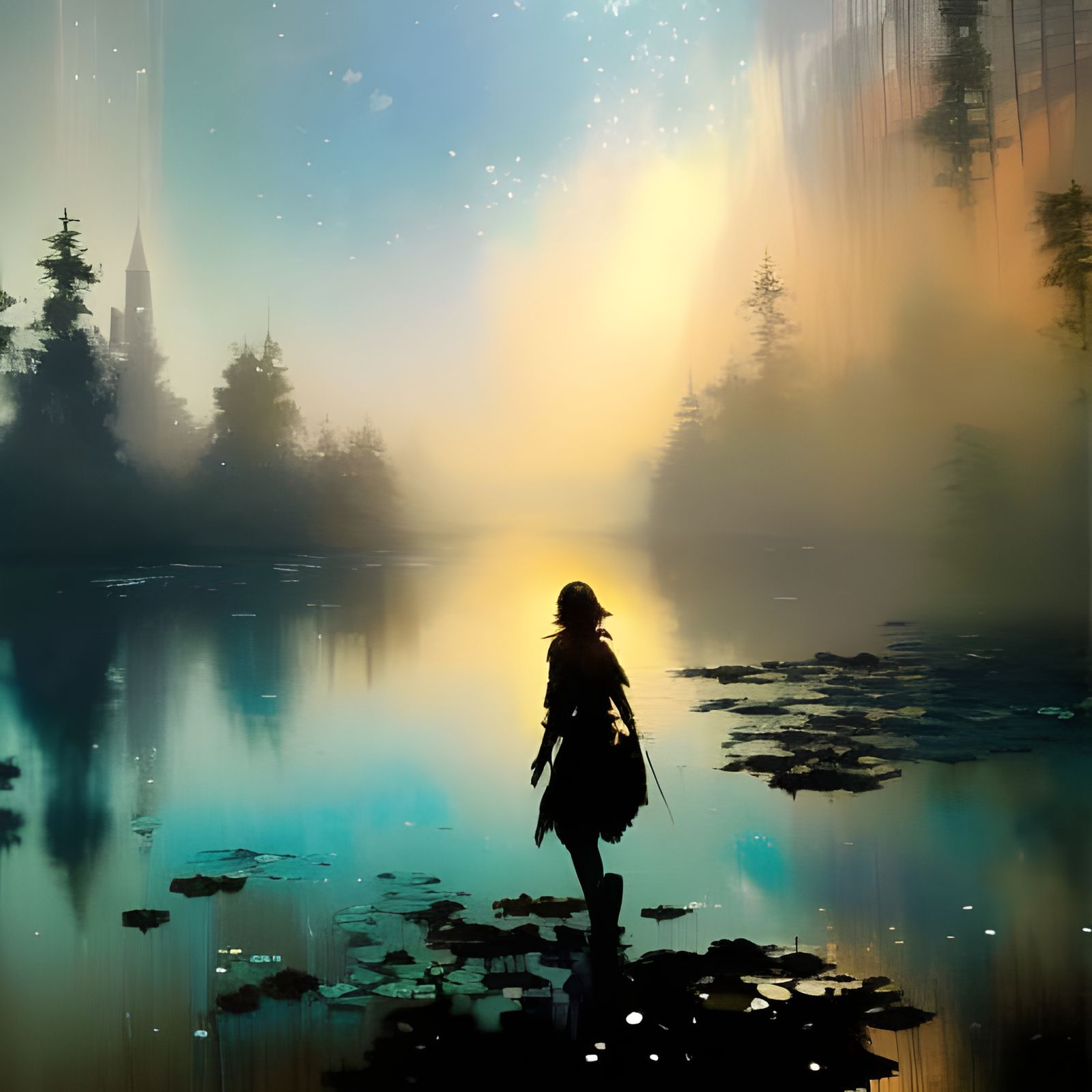 Luminous Water Lilies at Night in Art Nouveau Style