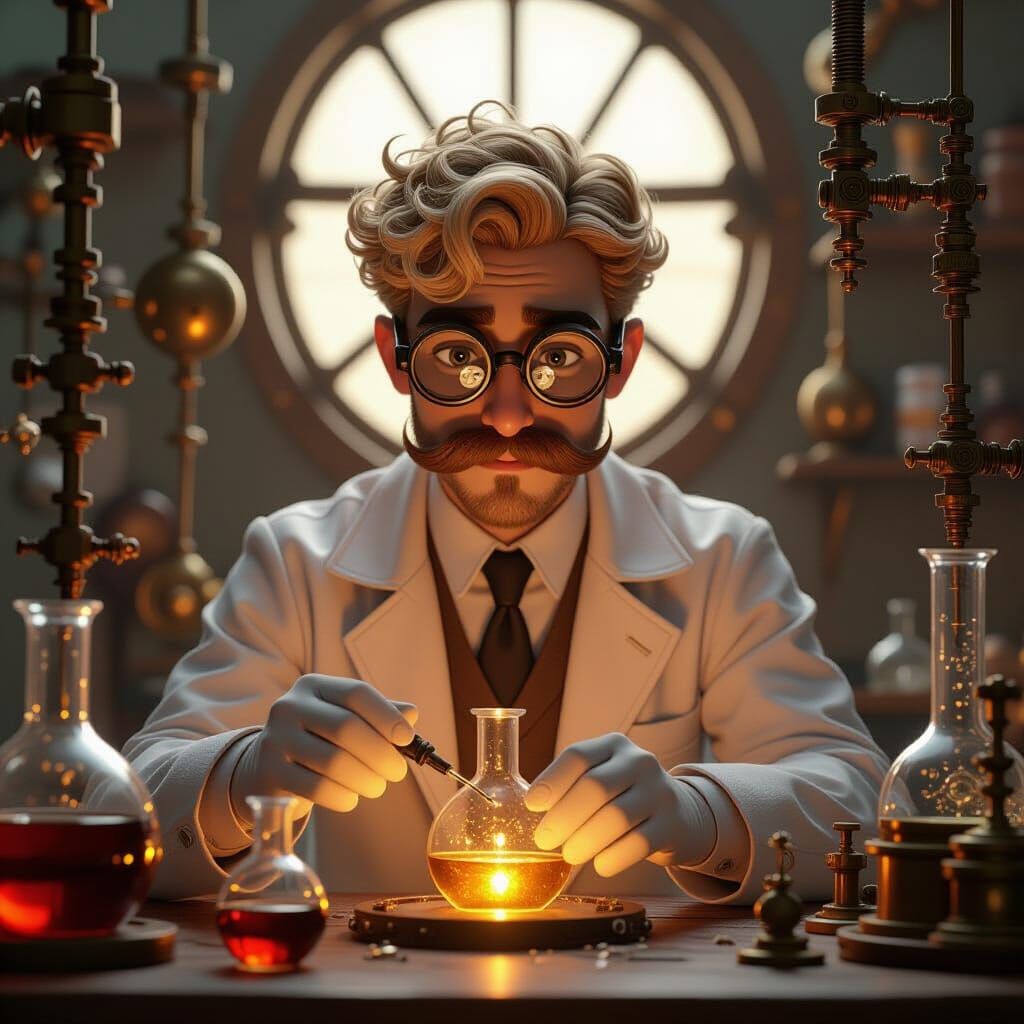Steampunk Scientist in Elaborate Laboratory with Clockwork D...